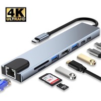 USB 3.0 C-Hub 8 in 1 met RJ45 SD/TF-kaartlezer Type C 3.1 naar 4K