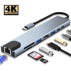 USB 3.0 C-Hub 8 in 1 met RJ45 SD/TF-kaartlezer Type C 3.1 naar 4K