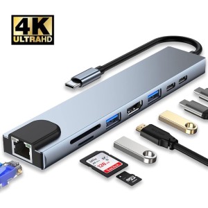 USB 3.0 C-Hub 8 in 1 met RJ45 SD/TF-kaartlezer Type C 3.1 naar 4K